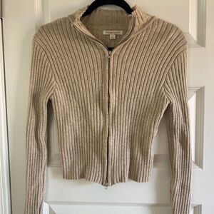 Beige Ribbed Zip-Up Cardigan